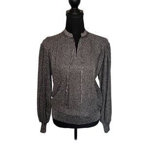 Vintage 70s JOYCE Metallic Knit Blouse Sz M Black Silver Glam Disco Boho Tie